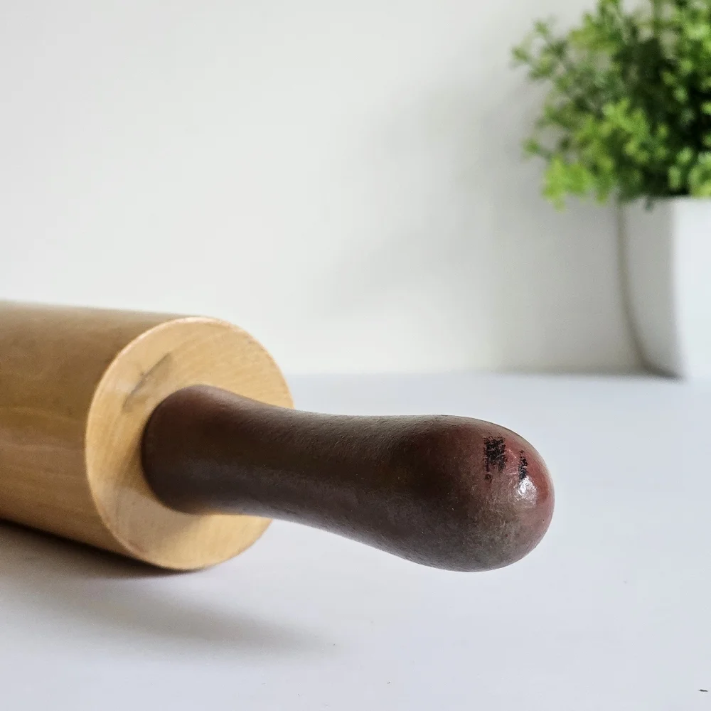 Vintage Decorative Wooden Rolling Pin with Red Apple Rustic Farmhouse Design